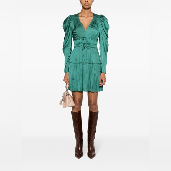 ULLA JOHNSON Lu Bow-Detailed Pleated Satin Mini Dress in Green sz US 0 NWT 590$ - Picture 3 of 14